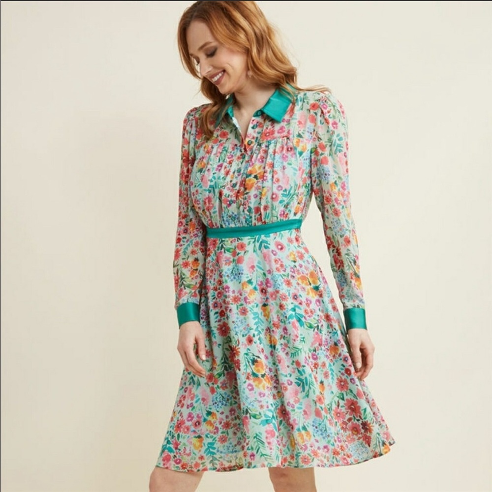 ModCloth Chiffon Long Sleeved Shirt Dress